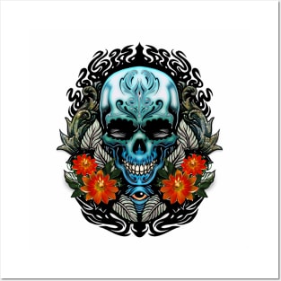 Awesome blue green skull with flowers Posters and Art